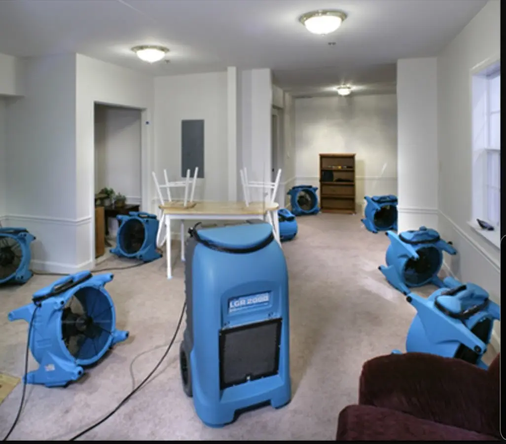 Air movers and dehumidifier setup for Water Damage Restoration in Beaufort